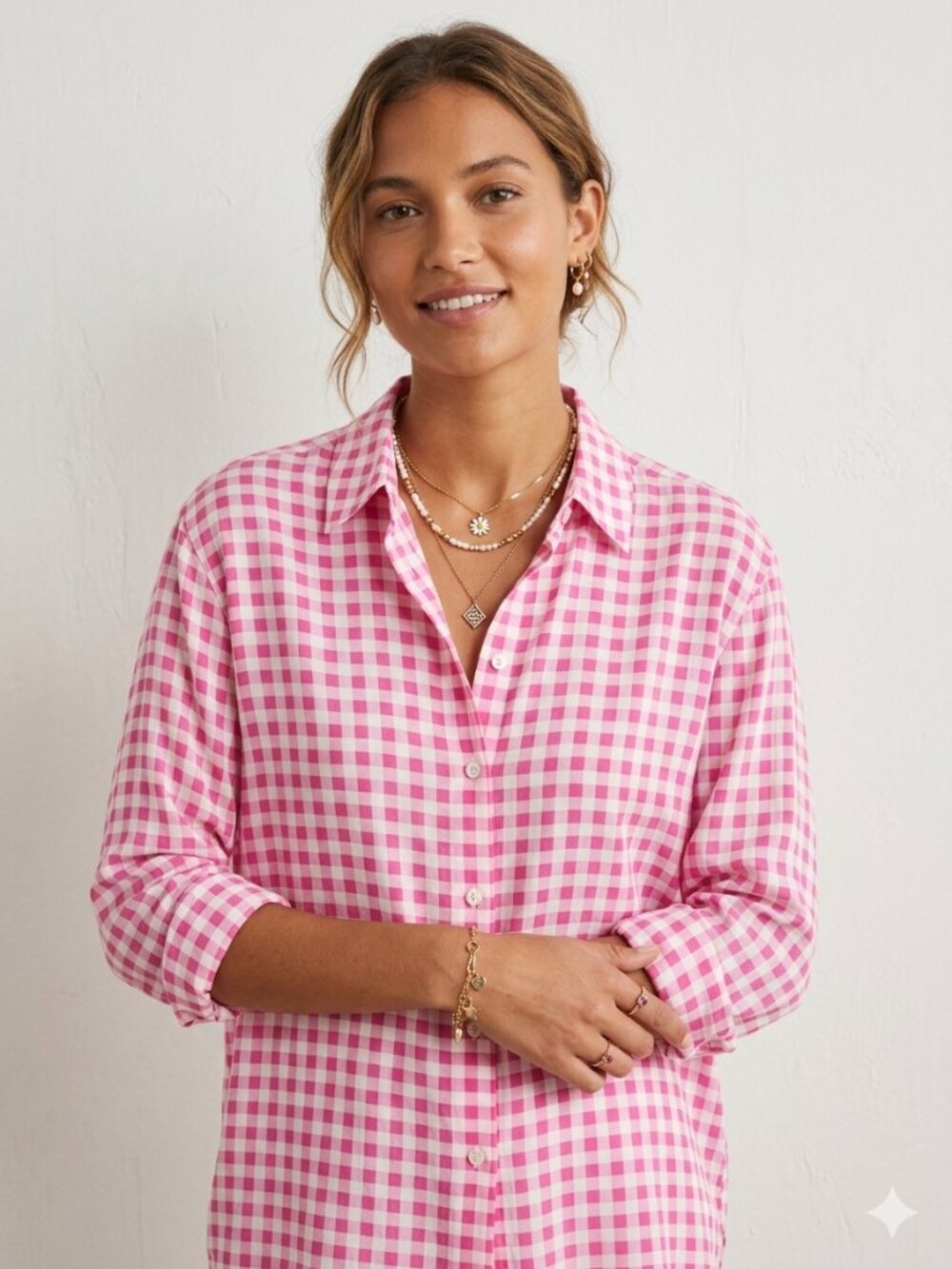 VTG Saks Fifth Avenue Pink Gingham Plaid Button Down Long Sleeve Blouse - Sz S